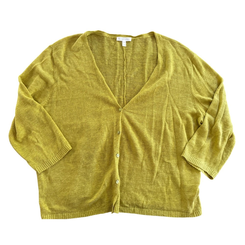 Eileen Fisher Chartreuse Green Organic Linen V-Neck Button Cardigan XL